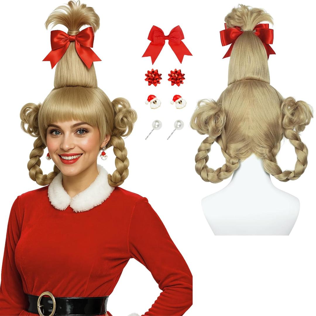 Wiggy Mermaid Blonde Braided Wig with Red-bow Earrings for Women Christmas Cindy Wig with Accessories for Halloween Christmas Costume Party (Beige)