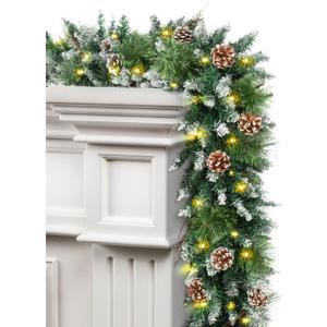 9 ft Prelit Christmas Garlands with 100 Lights Battery Operated Timer 8 Modes, Faux Snow-Kissed Pine Garland Christmas Decorations for Mantle, Stairs, Fireplace, with Pine Cones Dried Branches