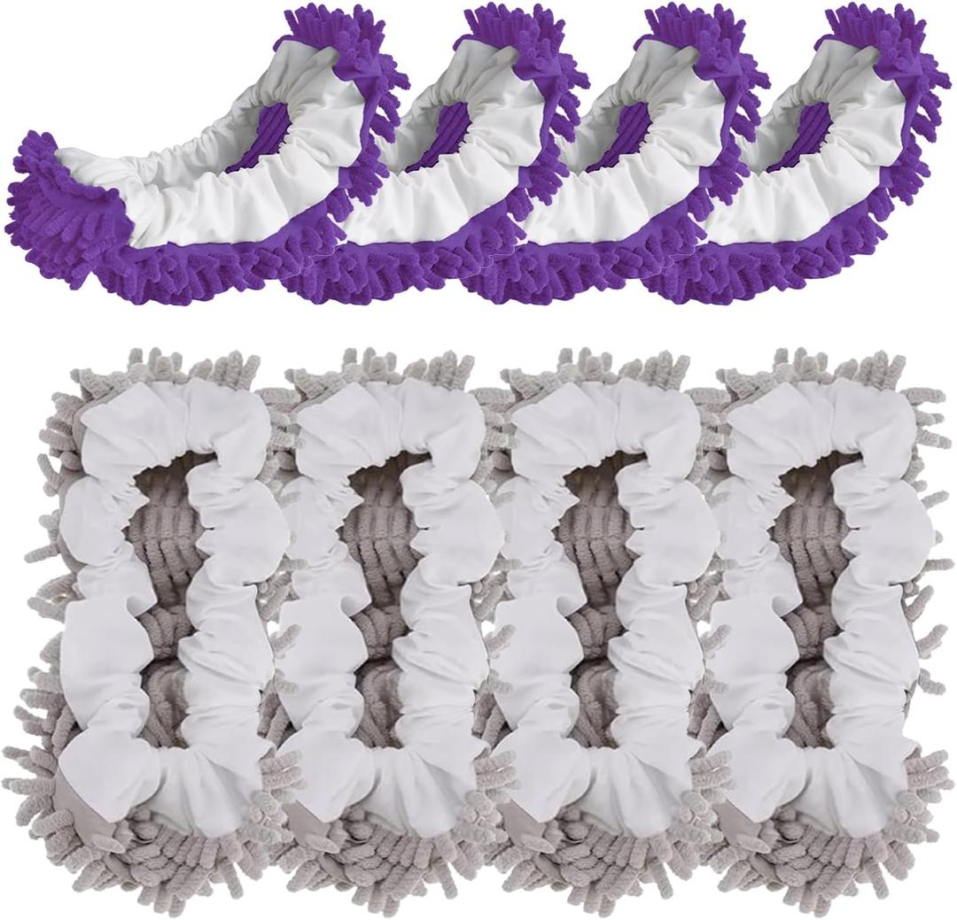 Mop Slippers Socks Floor Cleaning,Microfiber Shoe Covers dust Washable Reusable for Woman Man House Kitchen (4pcs L+4pcs XL, Grey Purple)