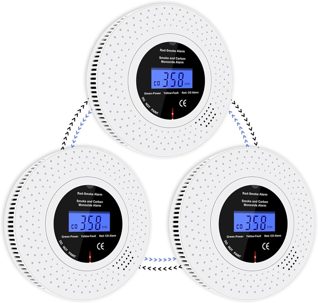 Interlinked Smoke and Carbon Monoxide Detector Combo with LCD Display, Pre-Linked Smoke Alarms for Home, Replaceable AA Battery Included, Smoke CO Alarm with Test/Silence Button, Mfg Date: 12/22/2025