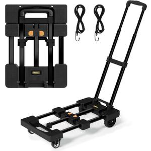 Folding Hand Truck 500 LB, Portable Heavy Duty Dolly Cart with 4 Wheels (2 with Brake) & Extendable 26" Plate, Collapsible Luggage Trolley with 2 Elastic Straps for Travel, Moving, Camping (Black)