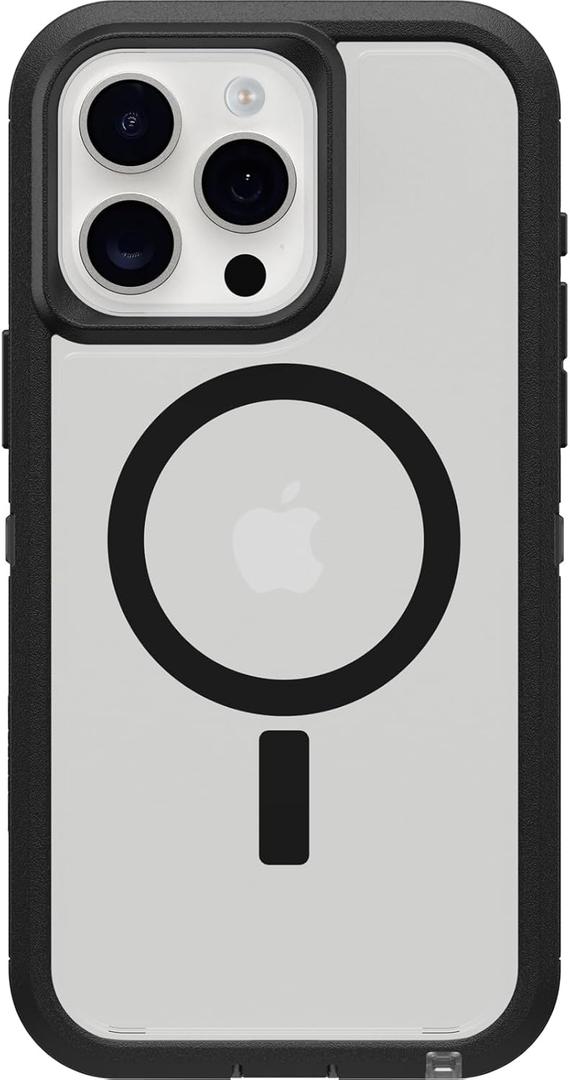 OtterBox iPhone 15 Pro MAX (Only) Defender Series XT Clear Case - Dark Side (Black/Clear), screenless, Rugged, Snaps to MagSafe, Lanyard Attachment