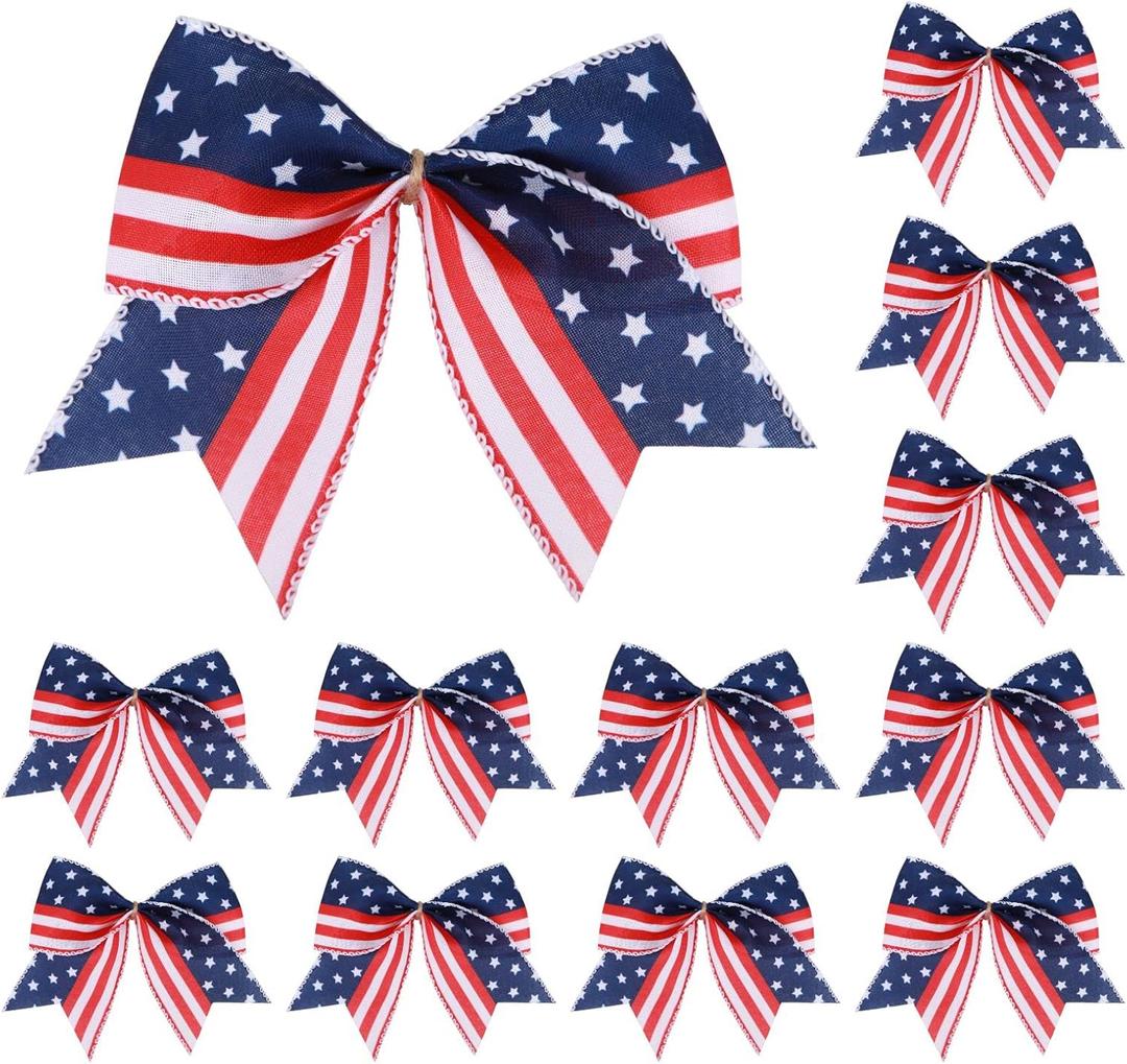 12 Pcs 6 Inch American Flag Bow Patriotic Bows Red White Blue Star Stripes 4th of July Wreath Bows for Independence Day Party Gift Wrapping Door Wall Decoration (American Flag)