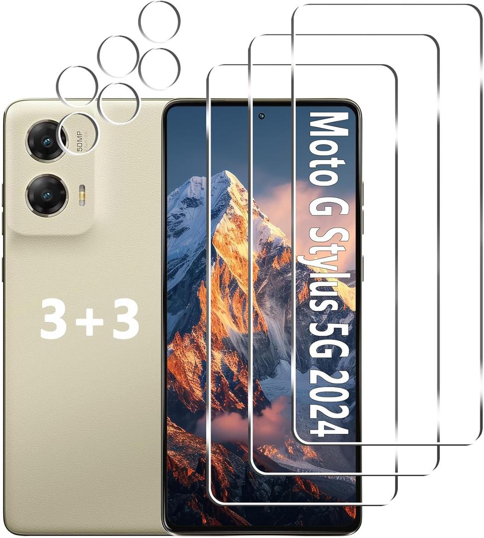 [3+3 Pack] Moto G Stylus 5G 2024 Screen Protector + Camera Lens Protector, 9H Tempered Glass, Anti Scratch, Easy Installation, Bubble Free, HD Screen Protector for Motorola Moto G Stylus 5G 2024