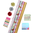 LaRibbons Christmas Wrapping Paper Sets, Classic Reindeer Stripes & Happy Holiday Design with Ribbons & Gift Tags & Metallic Pom Pom for Christmas, Holiday，30Inch × 10Feet（ 4 Rolls: 100 Sq.Ft.Ttl）