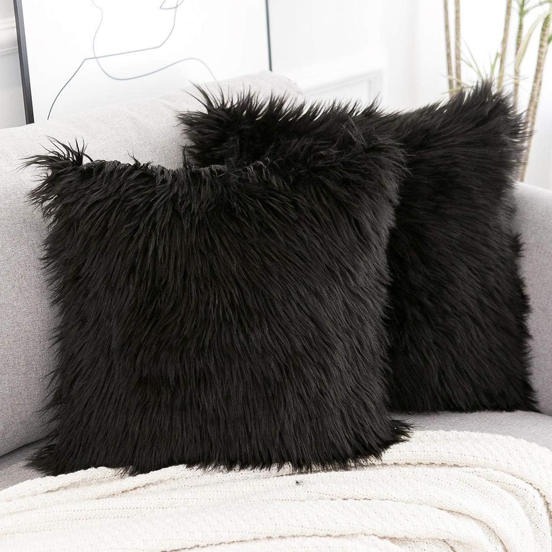 WLNUI Black Faux Fur Throw Pillow Covers 18x18 Inch Set of 2, Luxury Fluffy Shaggy Plush Cushion Cases for Couch Sofa Bed Living Room Decor, Soft Fuzzy Pillow Covers with Hidden Zipper