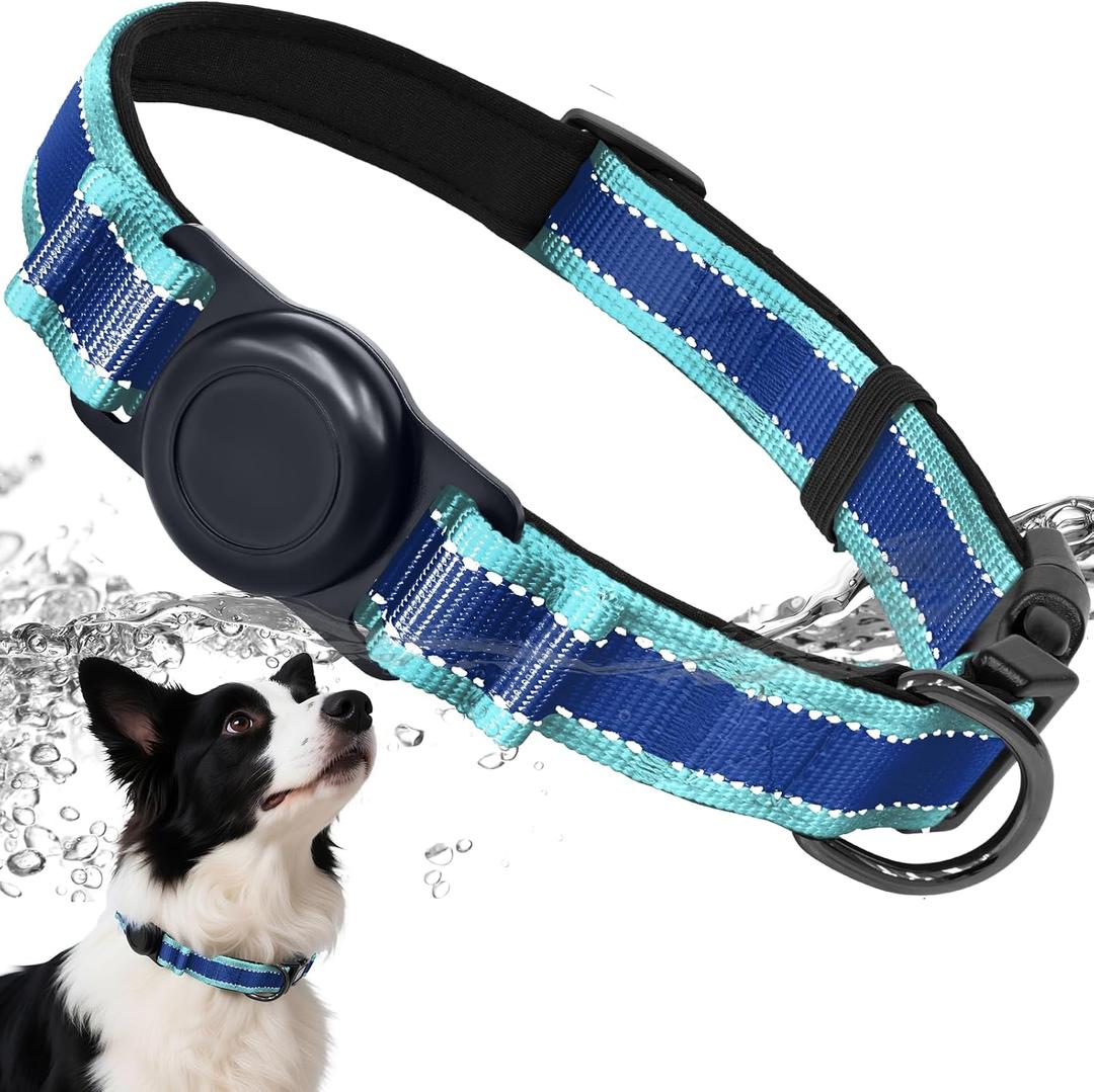 AirTag Dog Collar, IP68 Waterproof Air Tag Dog Collar Holder, Reflective, Ultra-Durable, Comfortable Padded, Heavy Duty Dog Collars for Small Medium Large Dogs-Blue-S