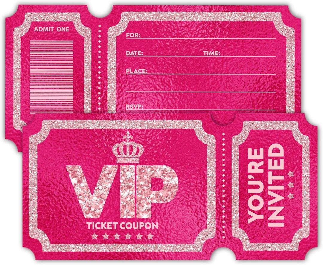 3 x Pink VIP Party Invitations for Girls, 30 Double ided Design Birthday Party Invitations with Envelopes
