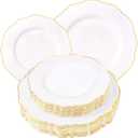 WDF 60pcs White and Gold Plastic Plates - Baroque White With Gold of 30 Heavy Duty Gold dinner plates 10.25inch, 30 Salad Plates 7.5inch Perfect for Weddings/Party/Father's Day