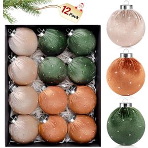 TonJin Christmas Tree Ornaments Velvet Balls 12 Pack, 3.15"/80mm Glitter Shatterproof Hanging Flocked Large Xmas Bulbs Decorations, Lightweight,Green Burnt Orange Neutral Holiday Party Home Decor