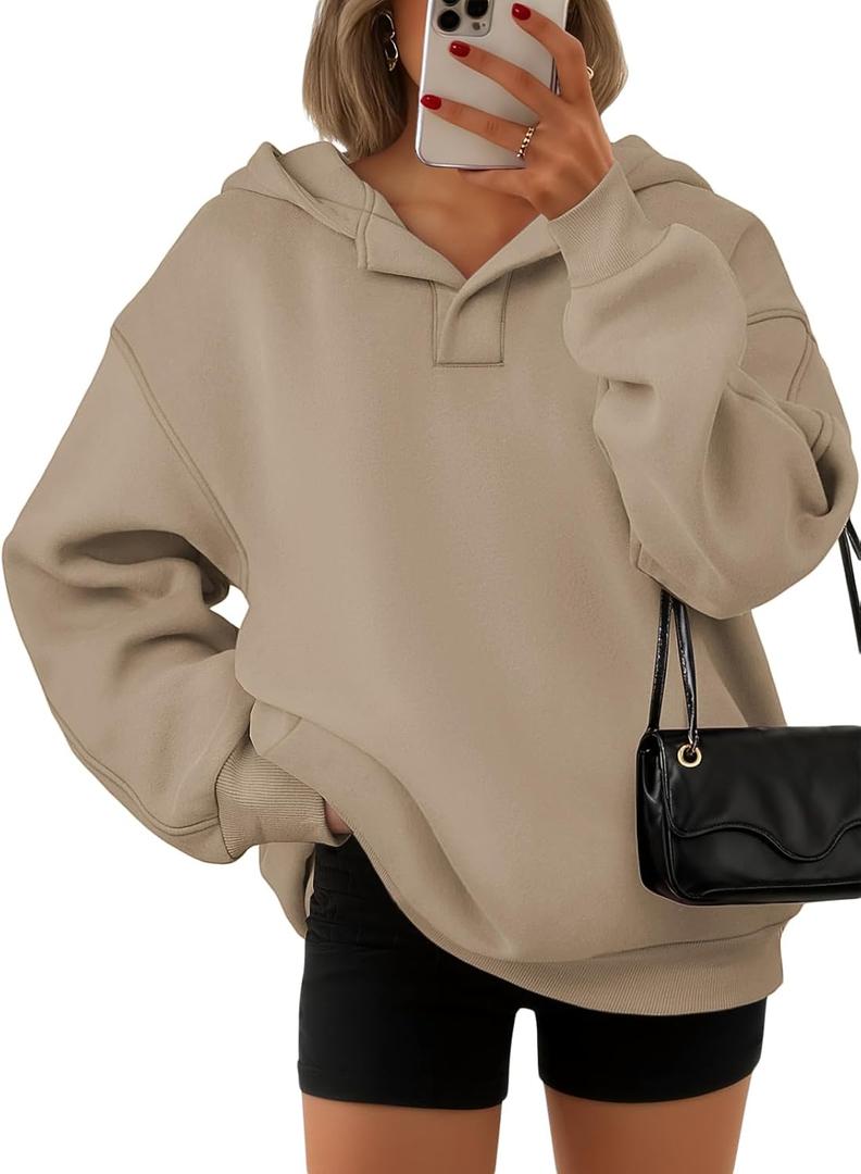 ATHMILE Womens Oversized Hoodies V Neck Sweatshirts Y2K Clothes Long Sleeve Pullover Fall Winter Fashion Henley Outfits 2025 (Beige, XS)