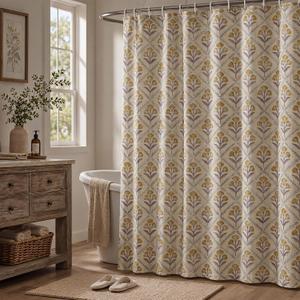 Frienda Vintage Floral Linen Blend Shower Curtain 72x72 Inches Mustard Yellow Rustic Farmhouse Bathroom Curtain with 12 Plastic Hooks Retro Botanical Print Bath Curtains for Bathroom