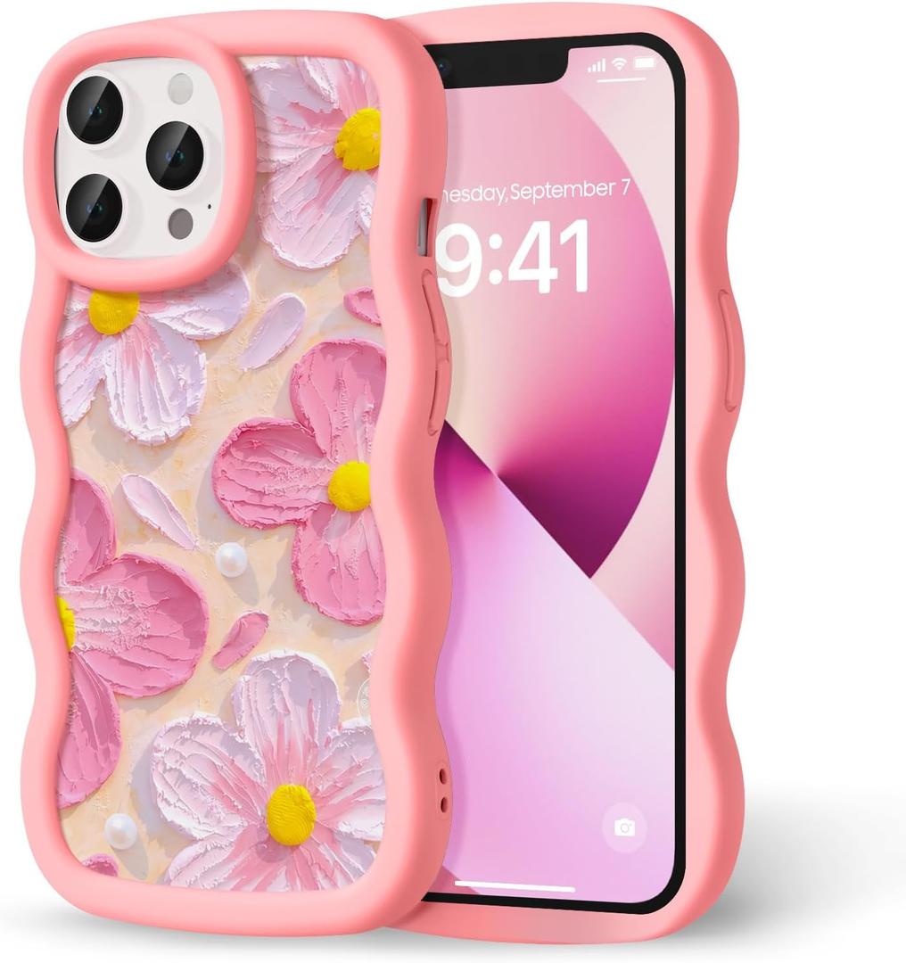 Compatible with iPhone 14 Pro Max Case for Women Girls, Curly Wavy Frame with Cute Pattern, Aesthetic Slim Soft Silicone TPU Bumper Shockproof Phone Case for iPhone 14 Pro Max - Pink Flower