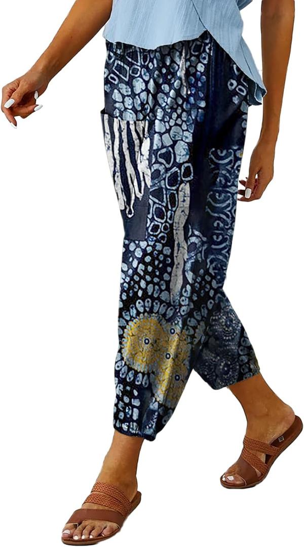 WROLEM Womens High Waist Pants Drawstring Wide Leg Cropped Casual Loose Capris with Pockets for Women (Small)