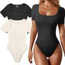 OQQ Women's 2 Piece Bodysuits Sexy Ribbed One Piece Square Neck Short Sleeve Bodysuits Black White. Large