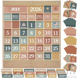 Sinload Classroom Calendar Pocket Chart Set Calendar Bulletin Board Set Seasons Festival Weather Pocket Chart for Classroom Decoration Back to School Supplies(Modern Boho,Linen Color)