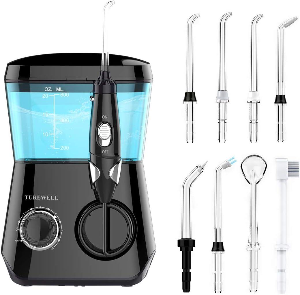 TUREWELL Water Flossing Oral Irrigator, 600ML Dental Teeth Cleaner 10 Adjustable Pressure, Electric Oral Flosser for Braces, 8 Replacement Jet Tips for Family (Black) (Black)