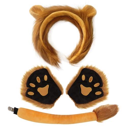 Erythem Lion Ears and Tail Set Halloween Lion Costume for Kids Cosplay Party Animal Ears Headband and Paws Accessories (Lion Ears Tail Glove)