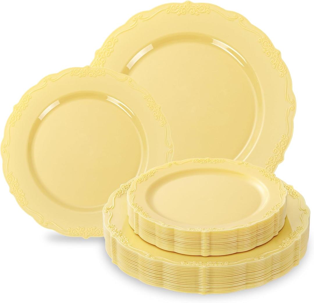 Tinybee 60PCS Yellow Plastic Plates - Heavy Duty Yellow Disposable Plates, Elegant Plastic Plates for Baby Shower, Wedding and Party Including 30 Dinner Plates 10 '' & 30 Dessert Plates 7.5 ''