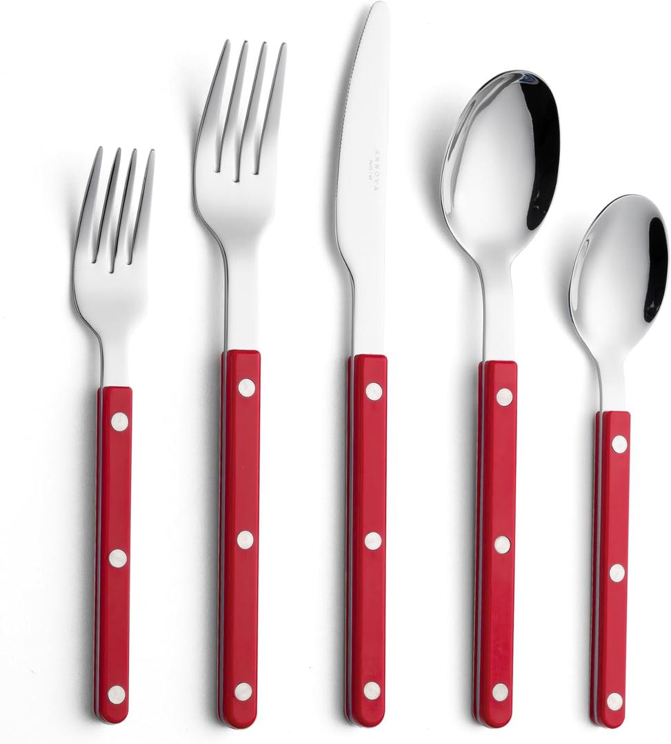 ANNOVA Silverware Set, Retro/Rivet Colorful Stainless Steel Tableware Kitchen Flatware Set Utensils, Includes Dinner Knives, Forks, Spoons, Salad Forks & Dessert Spoons (Red, 10 Pieces)