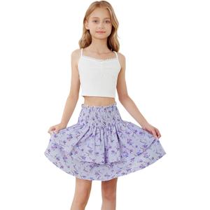 RoseSeek Girl's 2 Piece Outfits Lace Ruched Camisole Tops and Shirred High Waisted Layered Floral Skirts Set (Purple and White)