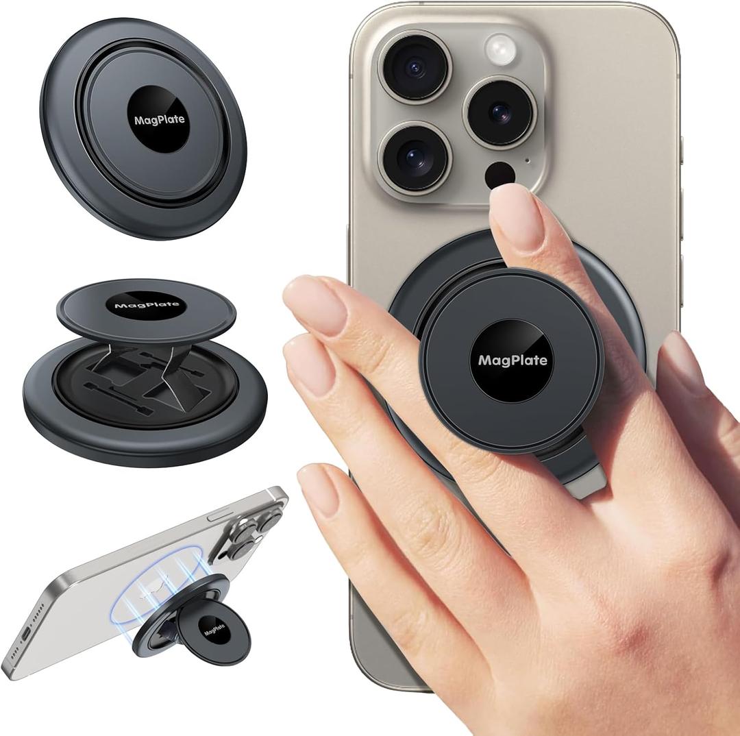 MagPlate Phone Grip Holder [Compatible with MagSafe], [Easy to Push Open] Finger Grip Kickstand with [Magnetic Auto-Closure] for iPhone 16 15 14 13 12 Pro Max Plus - Black