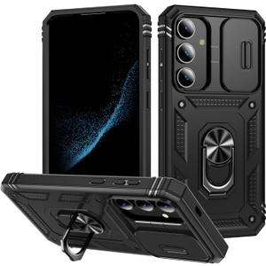 for Samsung Galaxy S24 Case Military Grade Drop Shock Protection Cell Phone Cover with Slide Camera Cover Built-in 360 Rotate Ring Stand for S24 6.2 - Black