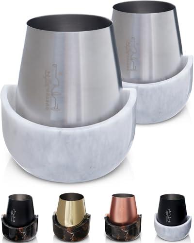 Gusto Nostro White Marble Chiller for Glass and Stainless Steel Tumbler Set of 1 - Freezable Glass Chiller Holder - Cool Set of Chillers and Stemless Metal Tumblers for HomeBar (Silver)