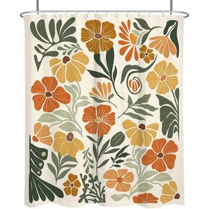 Boho Floral Shower Curtain Large Extra Long Vintage Retro Orange Flower Cute Colorful Bright Fun Funny Abstract Leaves Funky Pretty Fabric Cloth Bathroom Decor Set 72x84 inch Polyester 12 Hooks