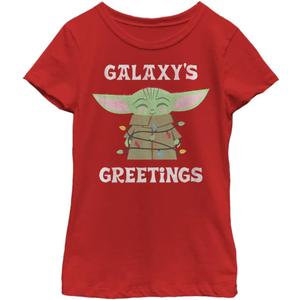 STAR WARS Kids Mandalorian Christmas Child Galaxy's Greetings Girls T-Shirt (Red)