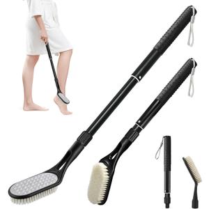Long Handle Foot Scrubber for Shower, Extendable Foot Brush with Foot File 2 in 1 Dual Sided, Back Saving Foot Cleaner Brush for Cleaning Between Toes & Removing Calluses, Foot Care Tool for Seniors