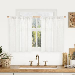 LAMIT Short Window Curtains 30 Inch Length, Ivory White Faux Linen Textured Light Filtering Drapes for Cafe, Rod Pocket Boho Neutral RV Curtains for Kitchen/Small Windows, 2 Panels, 42 x 30 Inch