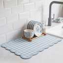Scalloped Checkered Dish Drying Mat, 12" x 20" Absorbent Coffee Mat for Kitchen Counter, Gingham Espresso Machine Countertops Accessories with Non-slip Backing for Coffee Countertops(Blue), 19.7" x 11.8"