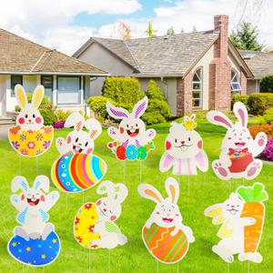 9 Pack Easter Yard Sign Outdoor Decorations, Waterproof Bunny Easter Sign, Decorations for Lawn Yard Garden