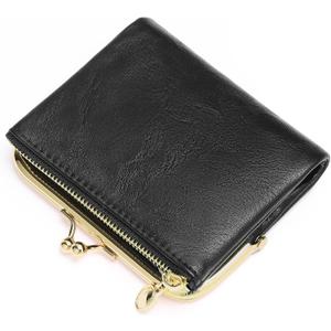 Wallet Women Small RFID Blocking Bifold Leather Wallets for Women Vintage Coin Purse With Zipper and Kiss Lock (1A-Black)
