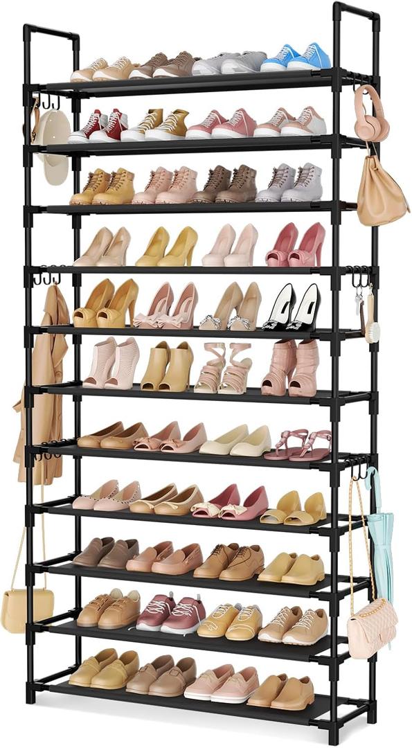 LANTEFUL 11 Tiers Tall Shoe Rack Holds 55 Pairs of Shoes with 18pcs Hooks Sturdy Wide Shoe Organizer Storage Free Standing Metal Shoe Shelf for Closet, Entryway Black