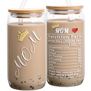 Christmas Gifts for Mom Womem, 16oz Can Glass Cups with Lids and Straws Mom Iced Coffee Cups for Mama Wife New Mother Stepmom on Birthday Xmas Presents