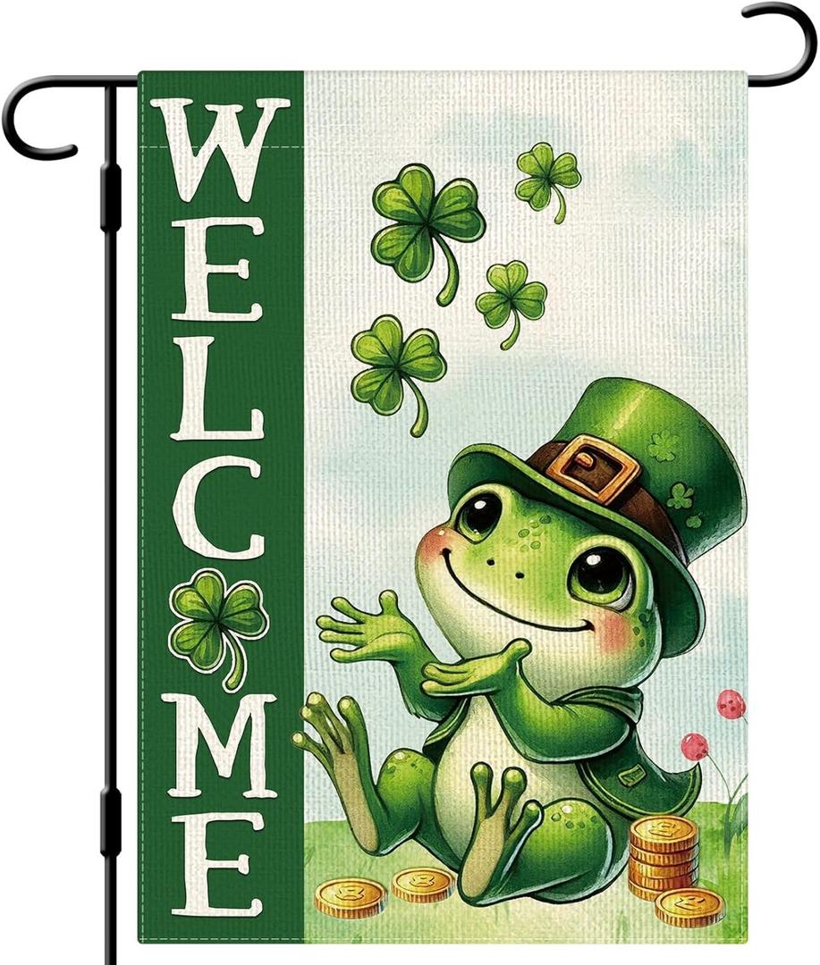 DLZDN St Patricks Day Frog Garden Flag Shamrocks Clovers Flag 1218 Inch Double Side Vertical Burlap Farmhouse Yard Sign Spring Holiday Outdoor Decoration