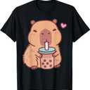 Cute Capybara Kawaii Anime Drinking Bubble Tea Lover Girls T-Shirt (Small, Black)