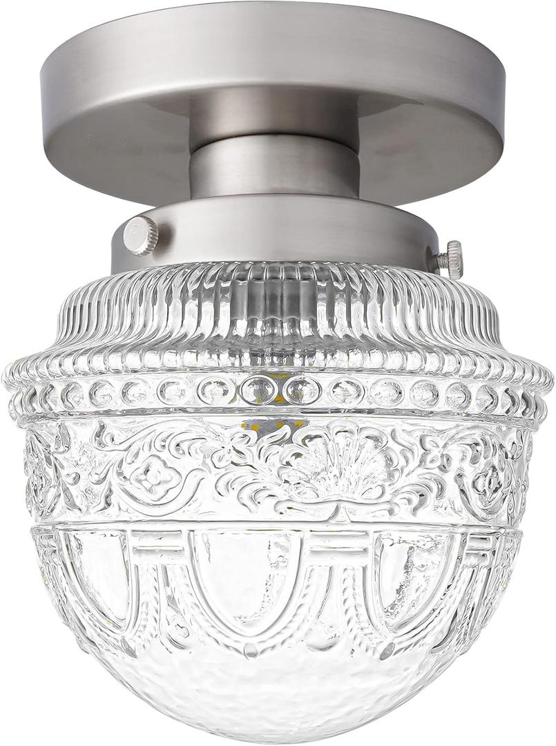 DSMJFU Brushed Nickel Semi Flush Mount Ceiling Light, Small Blowing Clear Glass Shade Ceiling Light Fixtures for Bedroom Closet Bathroom Hallway Kitchen