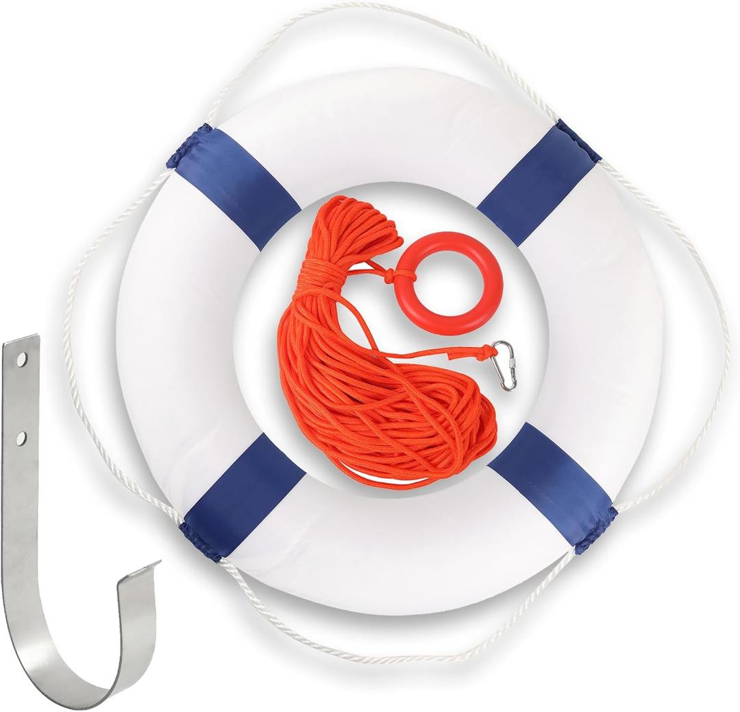 Calvana 20" Foam Life Preserver Ring with 98.4ft Floating Lifesaving Rope, Throwable Flotation Device, Pool Safety Float, for Buoy and Swimming Decoration, Boat Safety Equipment