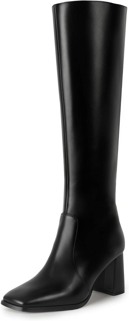 IDIFU IN3 Knee High Boots for Women Square Toe GoGo Chunky High Heeled Tall Long Fall Boot with Side Zipper Dress Comfortable Fashion Pull On Small Thick Heel Boots (Black)