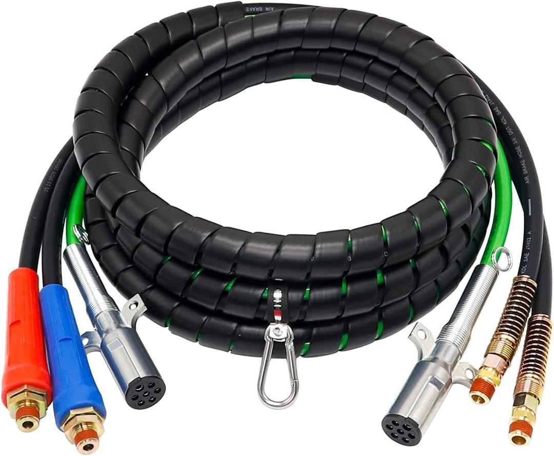 KOOTANS 15FT Semi Truck Air Lines Kit 3 in 1 Trailer Cord and Air Brake Hoses Assembly, 7 Way ABS Electric Power Line Air Hoses Kit for Semi Truck Trailer Tractor