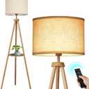 OUTON Wood Tripod Floor Lamp with Shelves, Mid Century Floor Lamp with Remote Control,4 Color Temperature, LED Modern Dimmable Standing Lamp with Beige Linen Shade for Living Room, Bedroom, Office