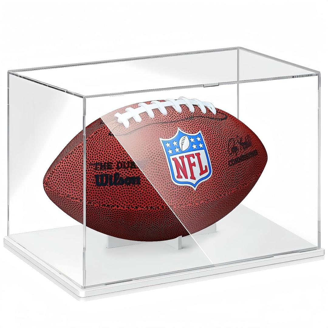 New Version Football Display Case, Premium Clear Acrylic Display Case Full Size with Removable Interior Football Display Stand, Thickened UV Protection Football Display Holder for Autographed Football (White)