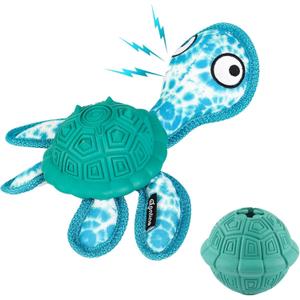 Squeaky Turtle Dog Toy, Treat Dispensing Rubber Ball, Bite Resistant Plush Chew Toy, Interactive Tug & Fetch Enrichment Toy for Medium & Small Breeds, Safe & Engaging for Puppies (Green)