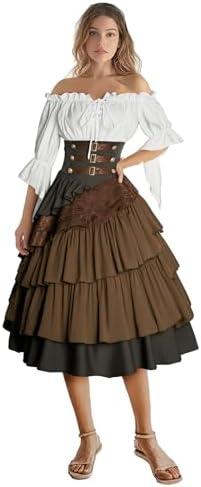 IWQBQ Women's Pirate Costume Retro Renaissance Cosutmes Women Layered Ruffle Viking Outfit Set L