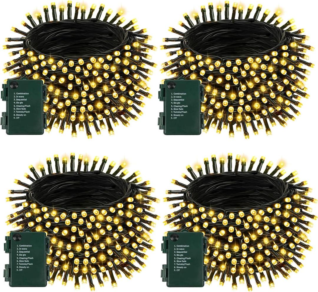 4 Pack Battery Operated Christmas Lights with Timer, 132FT 400 LED Waterproof Battery Twinkle Light, 8 Modes Green Wire Fairy Light for Indoor & Outdoor Bedroom Tree Christmas Decorations (Warm White)