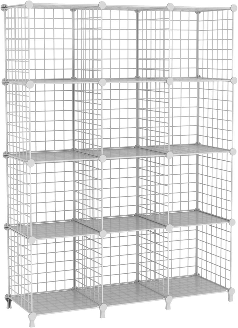 ATTDETJL 12Cube Storage Organizer, Metal Wire Cube Shelving Unit, 11.8" L x 11.8" W x 11.8" H, Modular Grid Bookshelf for Closet, Bedroom, Office, White ATTJL12W