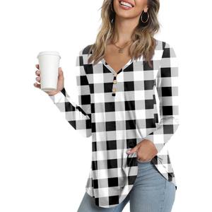 AWULIFFAN Womens Summer Short Sleeve Tunic Tops Loose Fit Casual T-Shirt Button Up Blouses (Small, 42 Black White Grid)